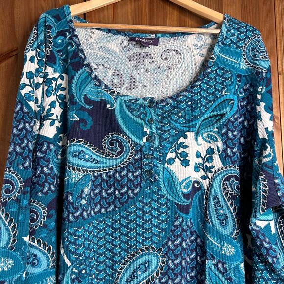 Roamans Paisley Waffle Boho Blouse Women’s 3X Thermal Long Sleeve Button Spring - Picture 2 of 8